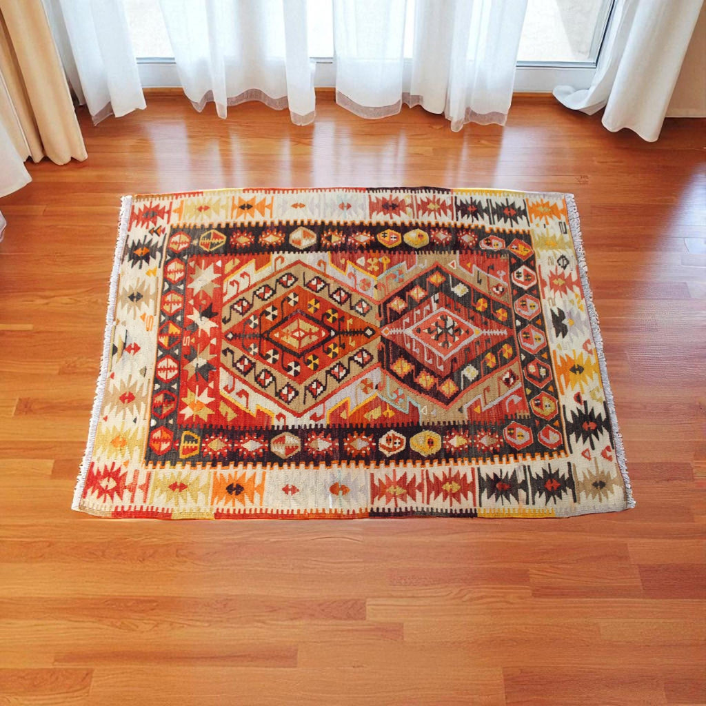 Authentic Turkish Kilim | Boho Chic Wool Rug | Earthy Tribal Pattern, 100cm x 106 cm