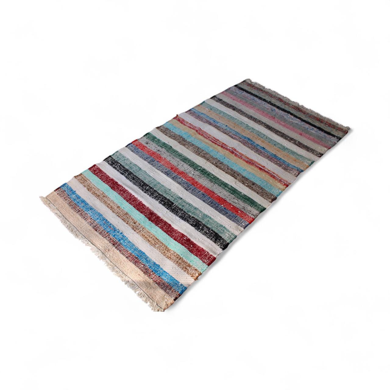 Turkish Rag Kilim | Handwoven Striped Rug | Boho Farmhouse Decor, 100cm x 187cm