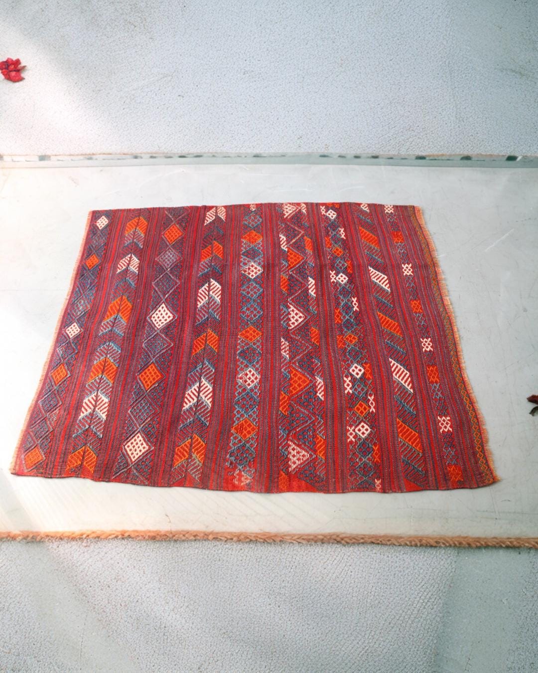 Turkish Wool Kilim | Vintage Flatweave in Burgundy and Indigo | Ethnic Pattern Rug 115cm x 140cm