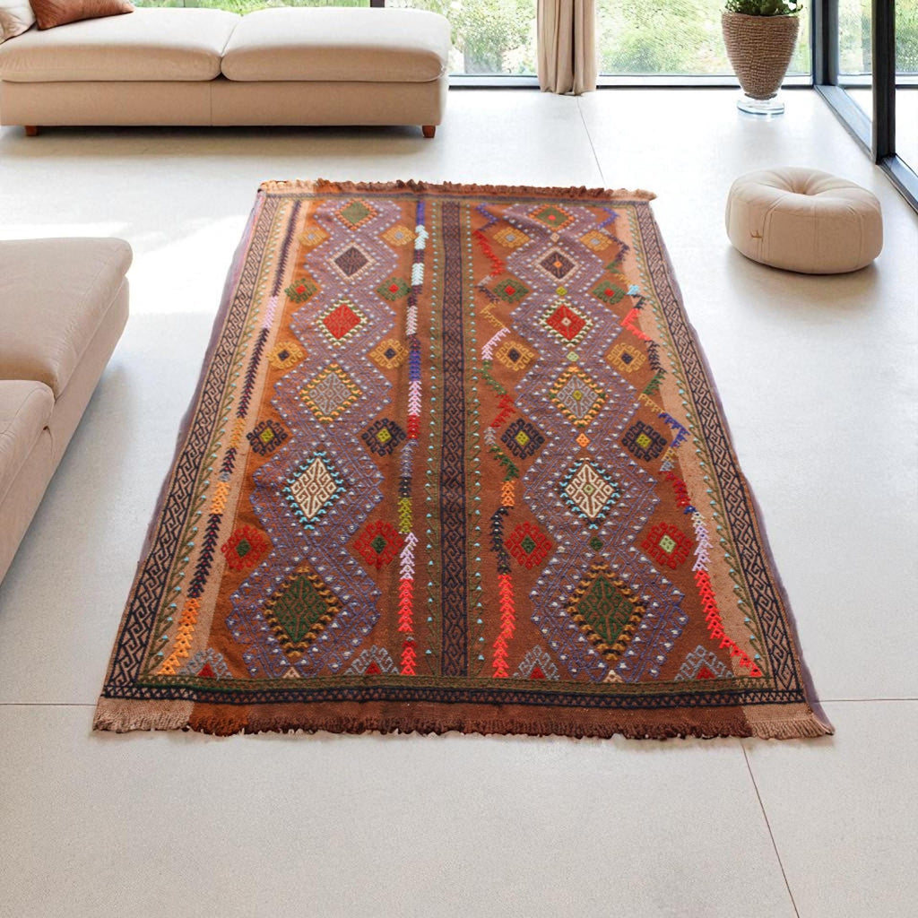Turkish Wool Kilim | Brown Geometric Flatweave | Handmade Artisan Rug, 125cm x 200cm