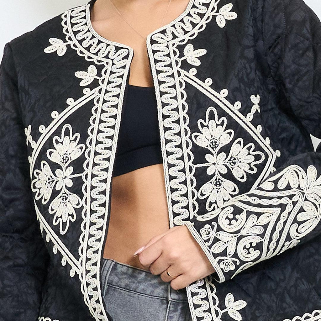 Quilted open front jacket with baroque floral triangle embroldery and rope trim, Unique Size