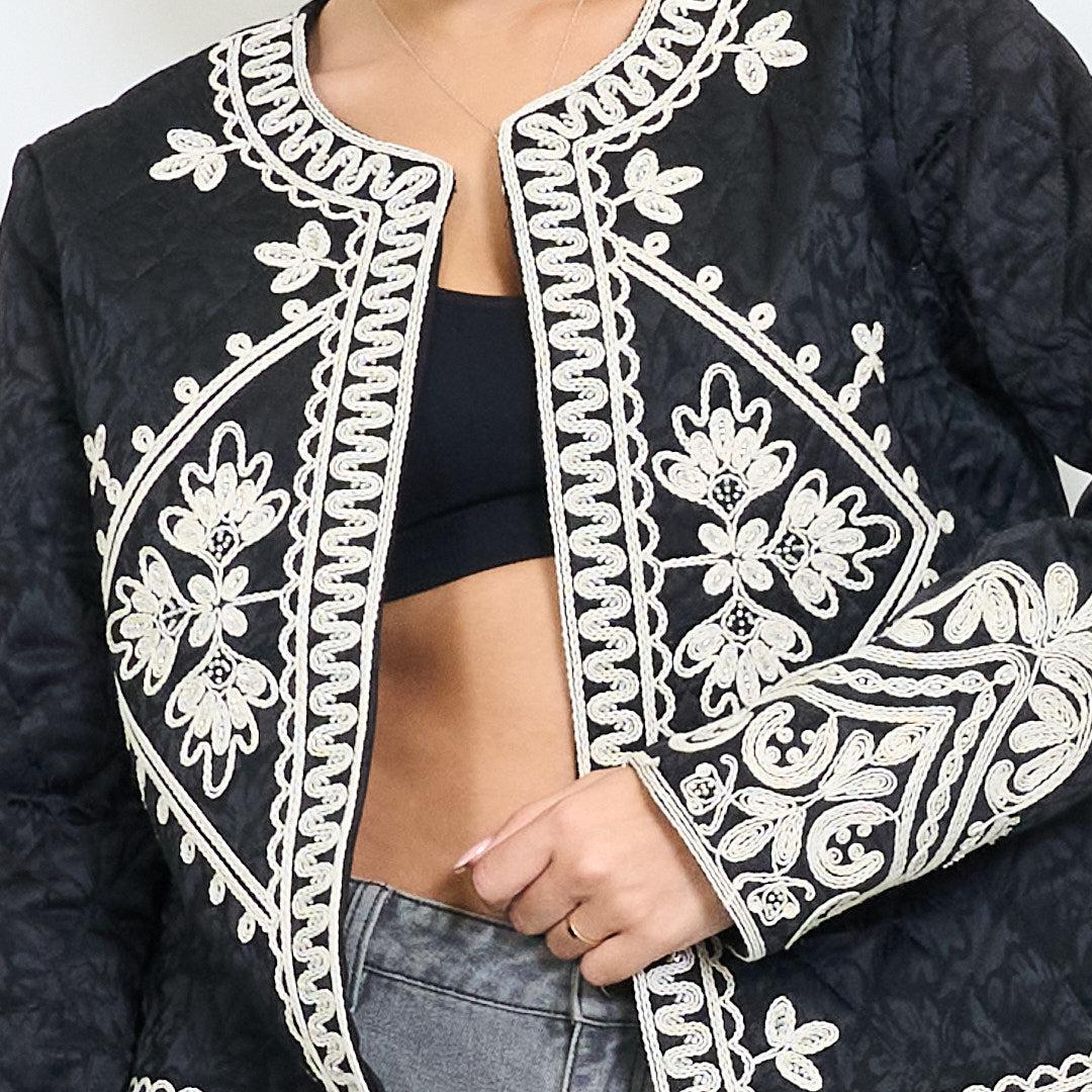 Quilted open front jacket with baroque floral triangle embroldery and rope trim, Unique Size