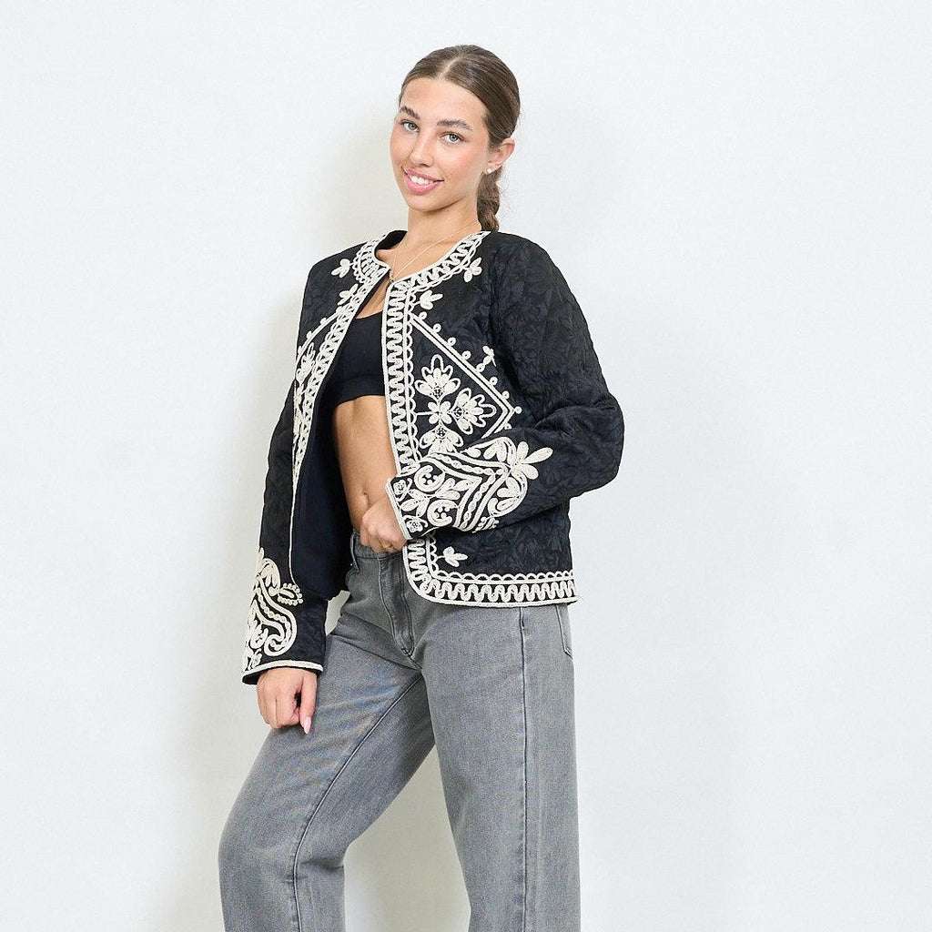 Quilted open front jacket with baroque floral triangle embroldery and rope trim, Unique Size