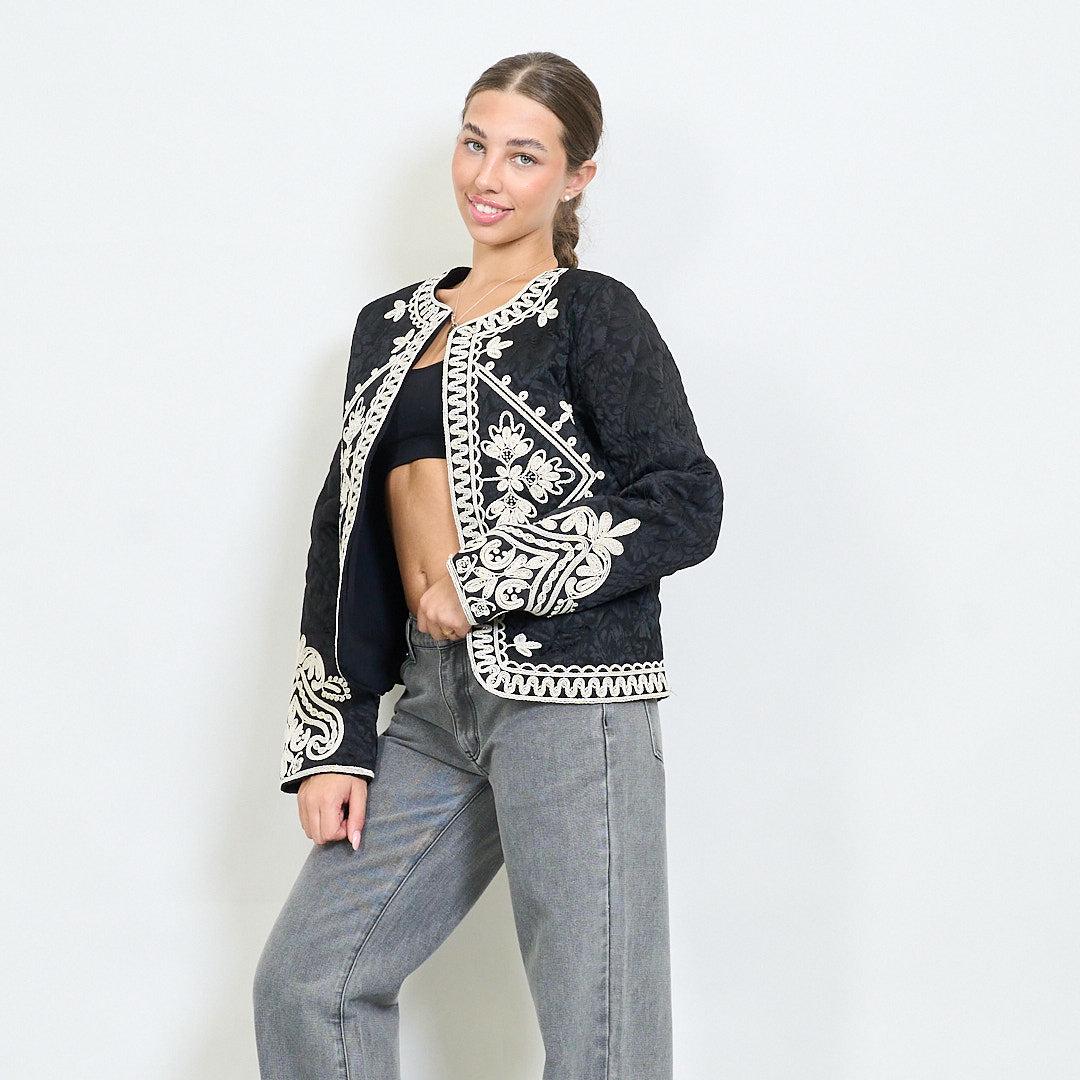 Quilted open front jacket with baroque floral triangle embroldery and rope trim, Unique Size