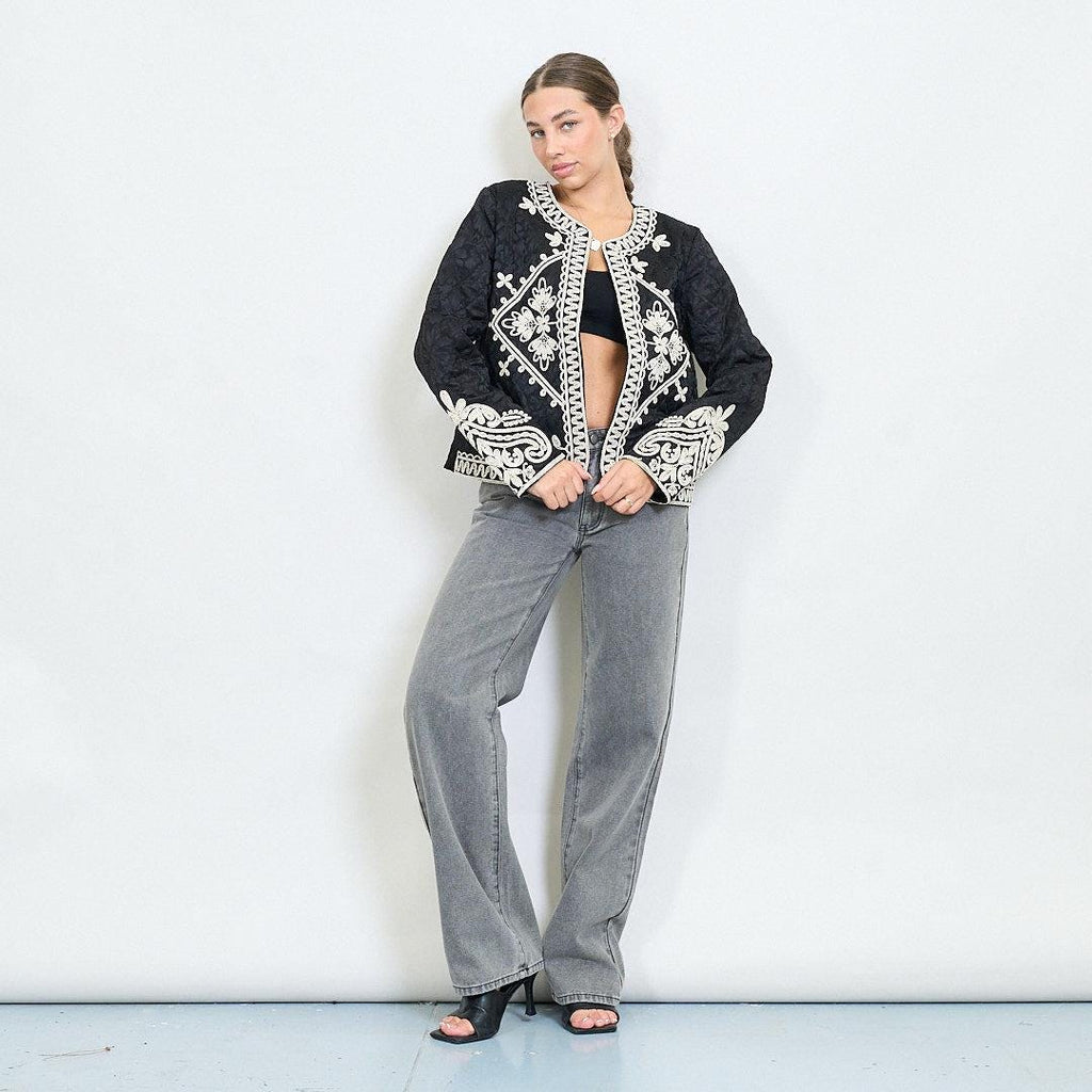 Quilted open front jacket with baroque floral triangle embroldery and rope trim, Unique Size