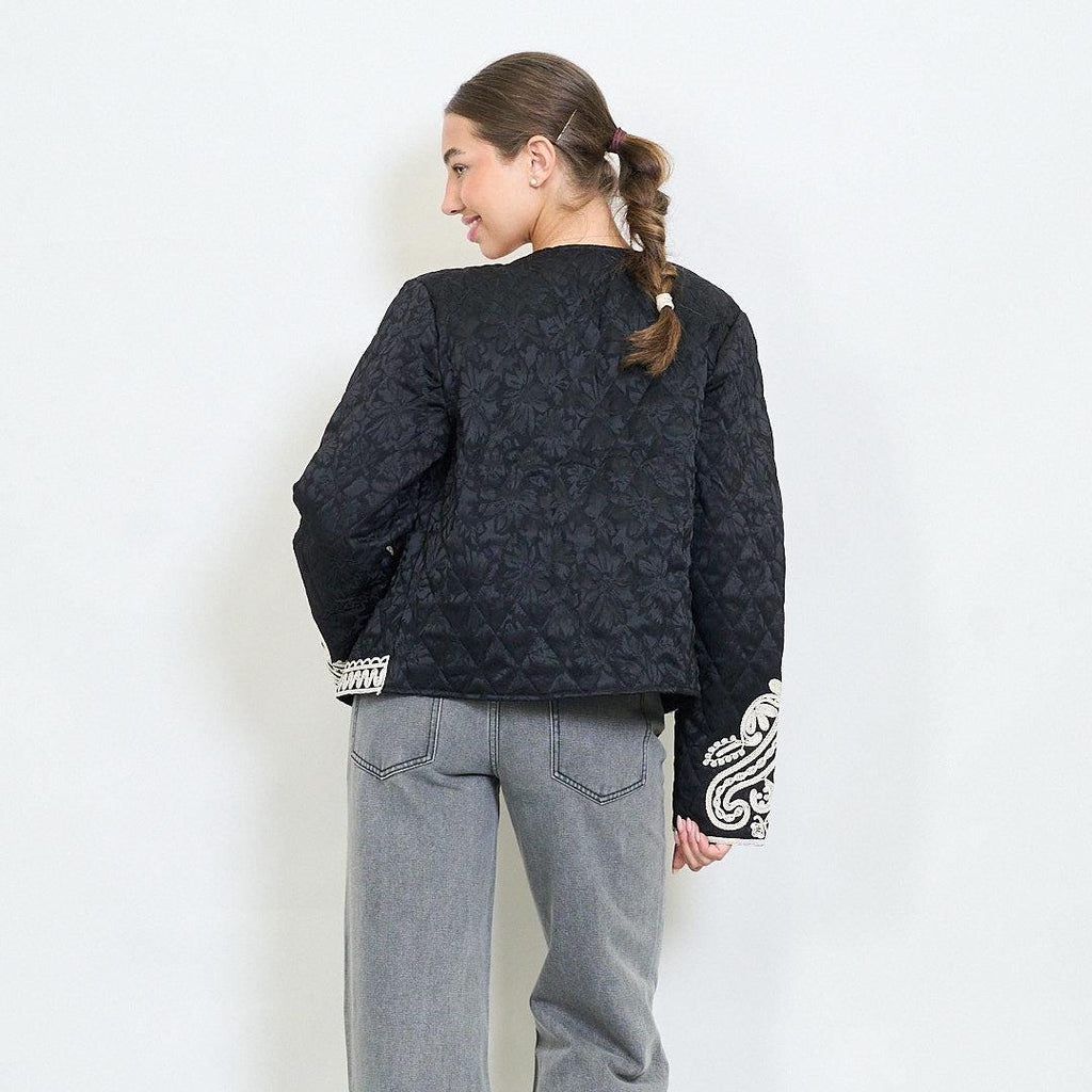 Quilted open front jacket with baroque floral triangle embroldery and rope trim, Unique Size