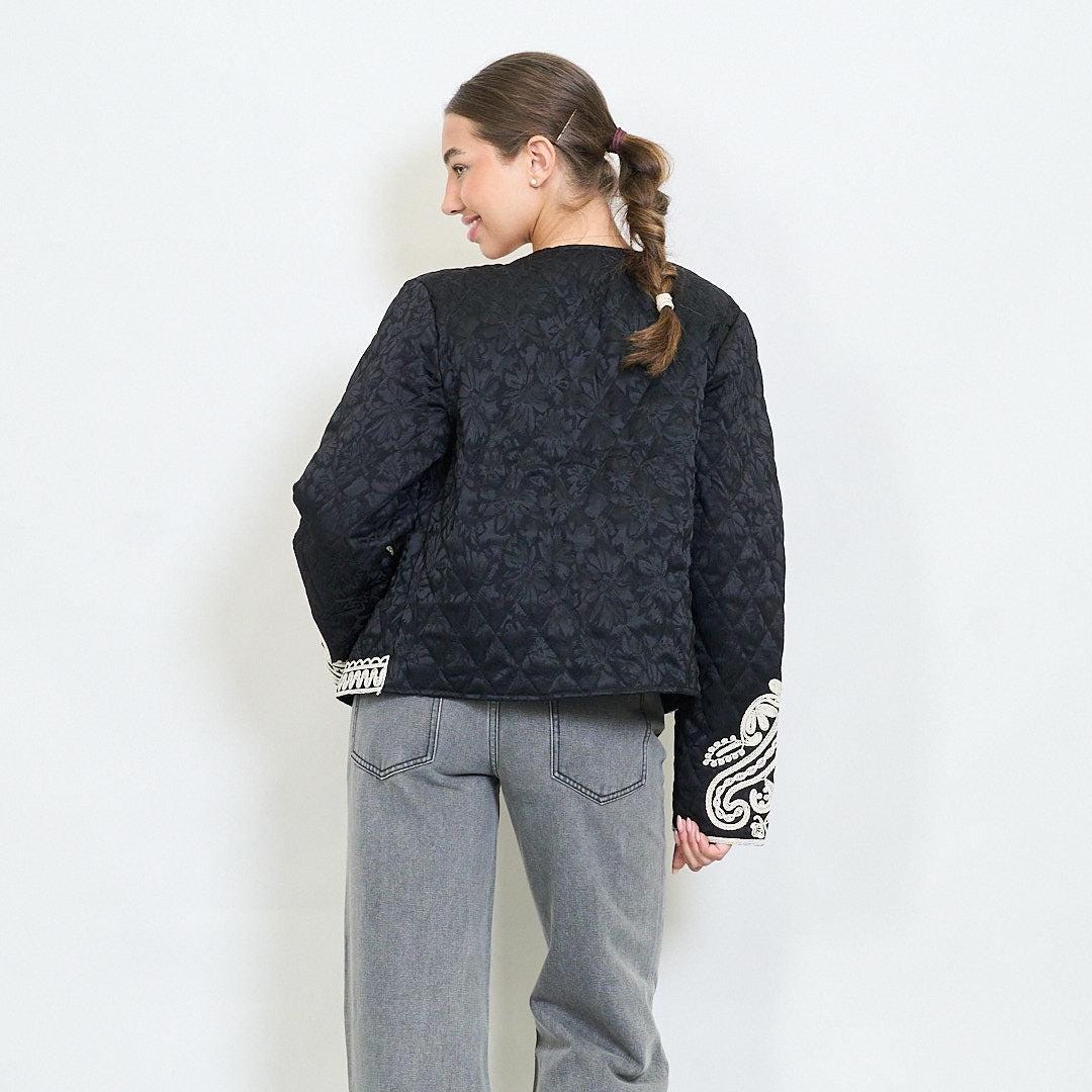 Quilted open front jacket with baroque floral triangle embroldery and rope trim, Unique Size